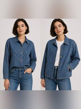 Vintage Willow Ridge Jean Jacket Multi Colored Embroidered Polka Dots Size PM